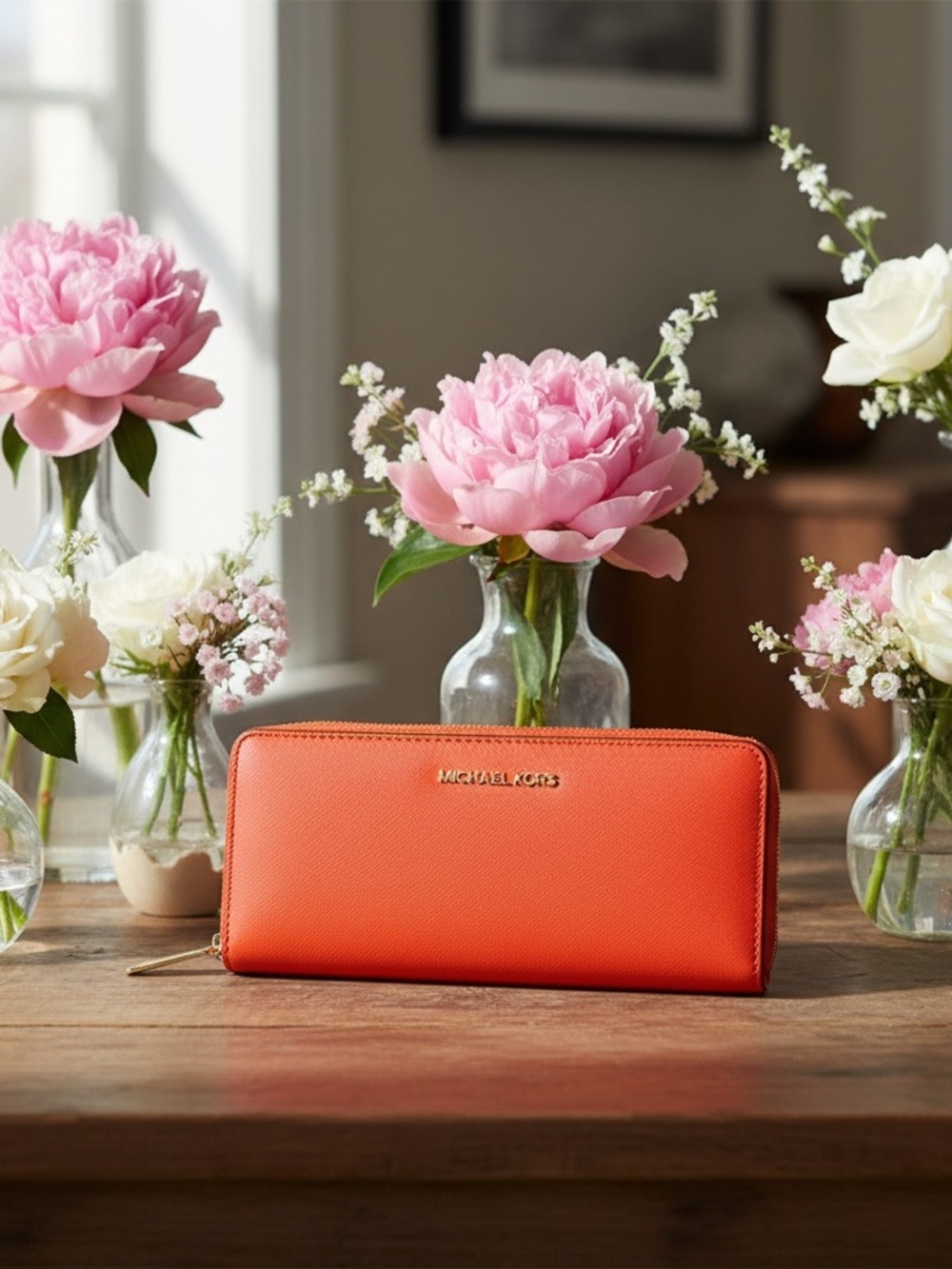 Michael Kors Bright Orange Saffiano Zip Wallet NWT